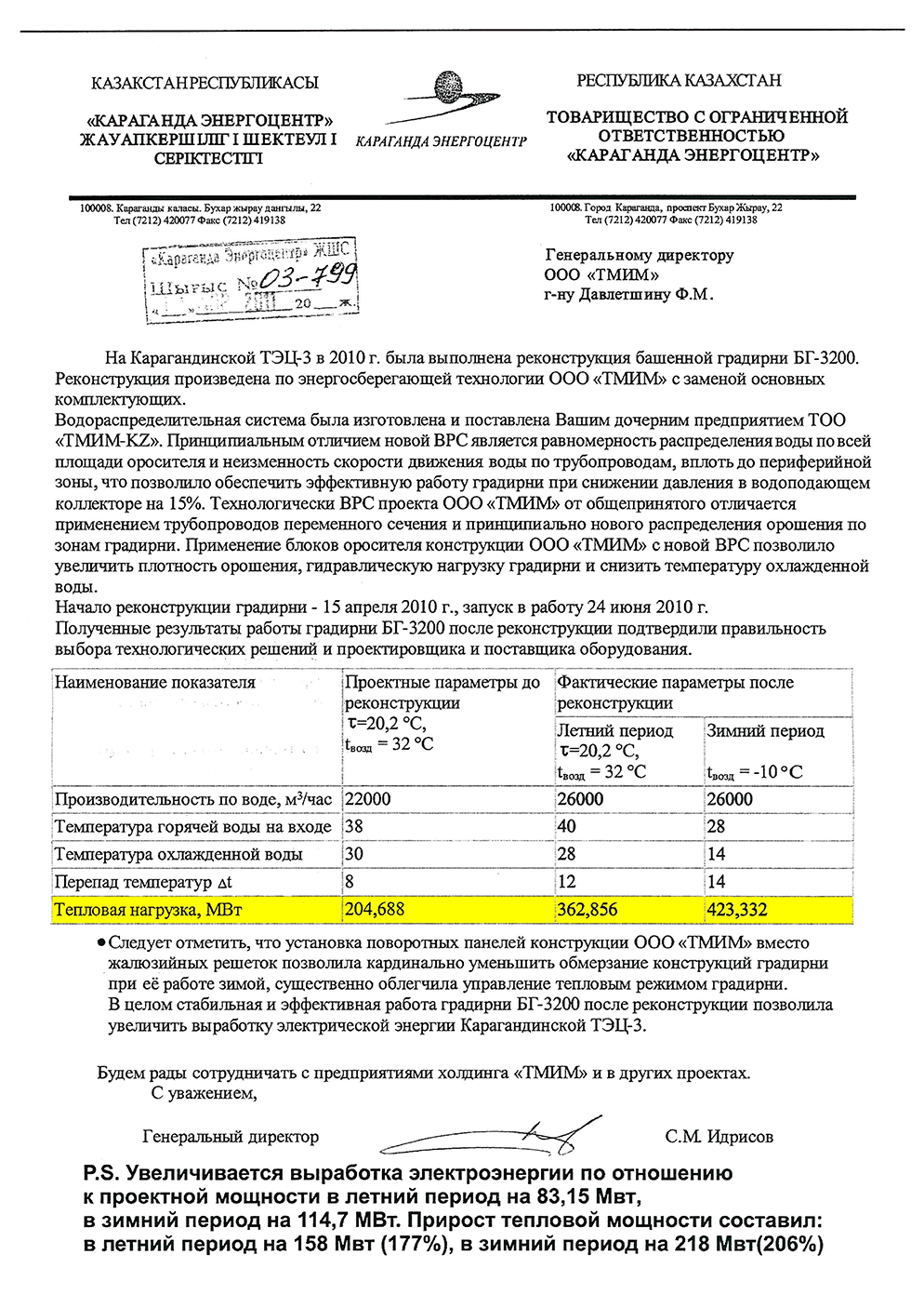 Отзыв о реконструкции башенной градирни Карагандинской ТЭЦ-3 в 2010 г